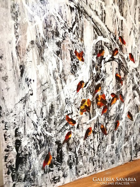 "Téli madárkák"festmény farostlemezen 40 x 54 cm