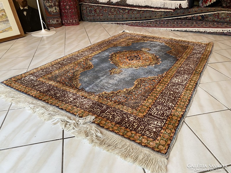 Hand-knotted turquoise silk carpet 125x190