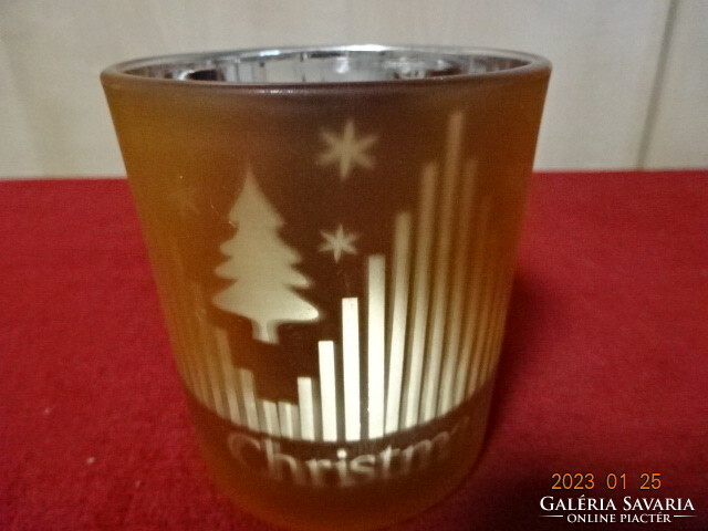 Üveg pohár karácsonyi mintával, christmas felirattal, magassága 7,8 cm. Vanneki! Jókai.