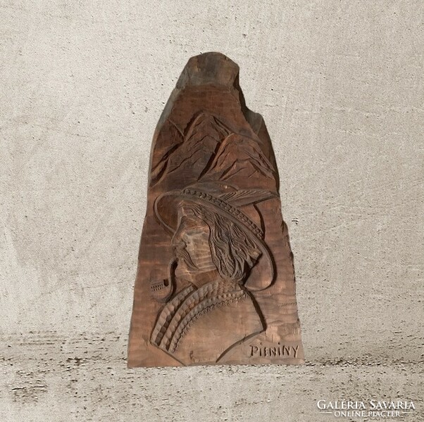 Piper man Slovak wood carving large size, 52 x 33.5 cm.