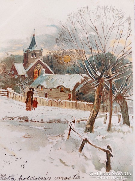 Régi képeslap 1899 levelezőlap havas táj templom arany Nap motívum
