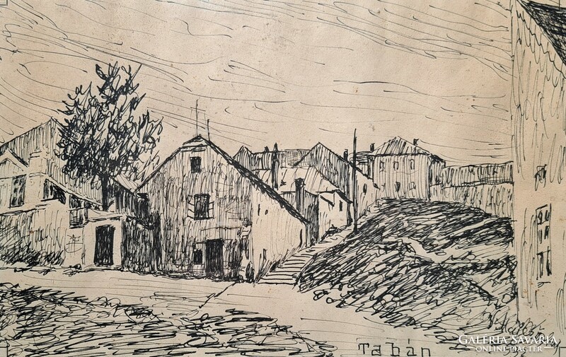 V. Májerszky Róbert: Tabán - tollrajz (30x21,5 cm) - városkép az 1930-as évekből, utcakép
