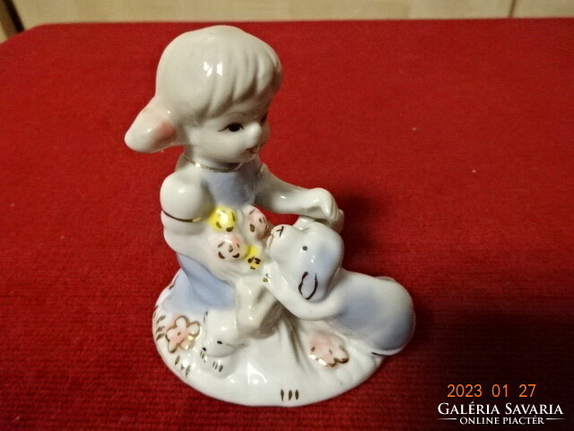 German porcelain figure, little girl with her dog, height 7.8 cm. He has! Jokai.