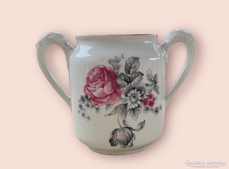 Antique rose bilobed holder, vase decoration with a hairline crack at the bottom