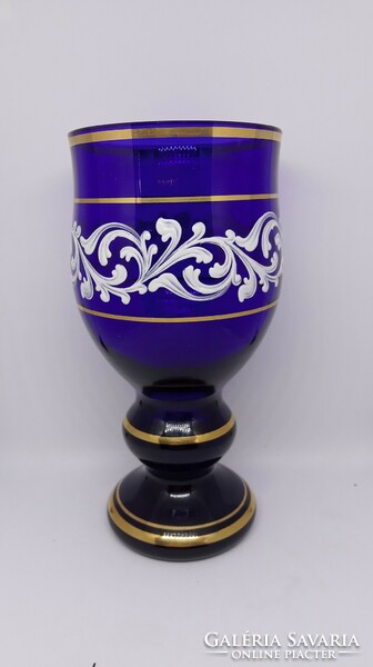 1880 Round cobalt glass cup with gilded and white enamel hand-painted decoration