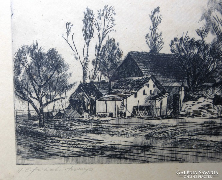 Csisztu Mihály /1933-2008/ rézkarc, alföldi tanya, jelzett.53 x 43 cm, 48,5 x 38,5 cm.