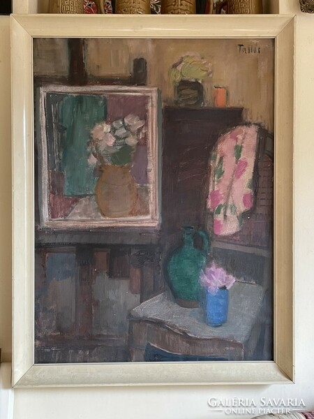 Ilona Tallós - still life with a green jug in an interior...