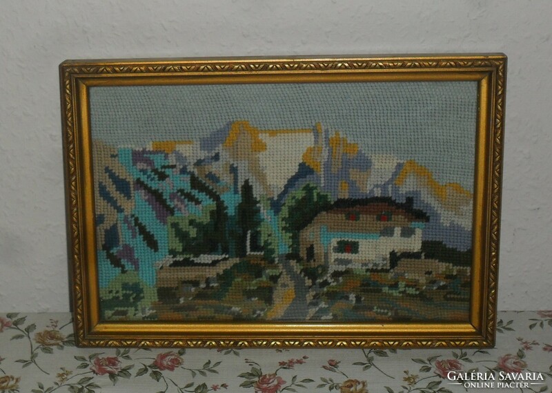 Keretezett antik , üvegezett gobelin kép 31 X 22 cm.
