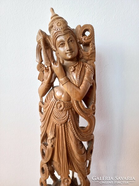 Gyönyörű Krishna kézzel faragott fa szobor 35x10x7cm