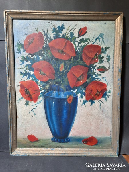 Pipacsok kék vázában (virágok, csendélet), ismeretlen jelzéssel olaj- karton