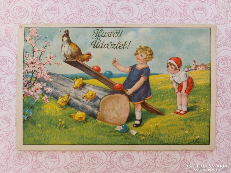 Régi húsvéti képeslap 1930 levelezőlap gyerekek