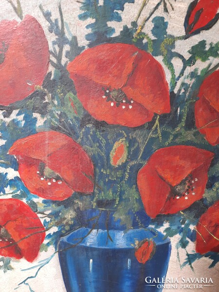 Poppies in a blue vase (flowers, still life), oil cardboard with unknown mark