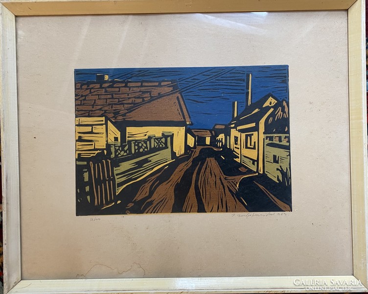 On the road - color linocut