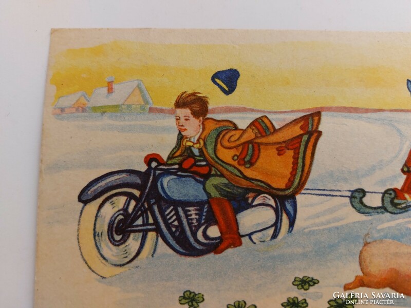 Old New Year's card postcard folk costume motorcycle sled clover pig