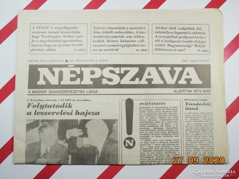 Régi retro újság - Népszava - 1993. január 4.  - A Magyar Szakszervezetek Lapja