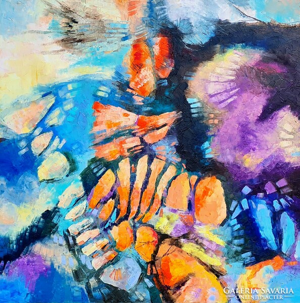 Óvatos léptekkel, 120x120cm,  Simon Tünde olajfestmény