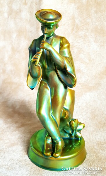 Extra rare Zsolnay eozin-glazed flute-playing shepherd with five-tower seal!