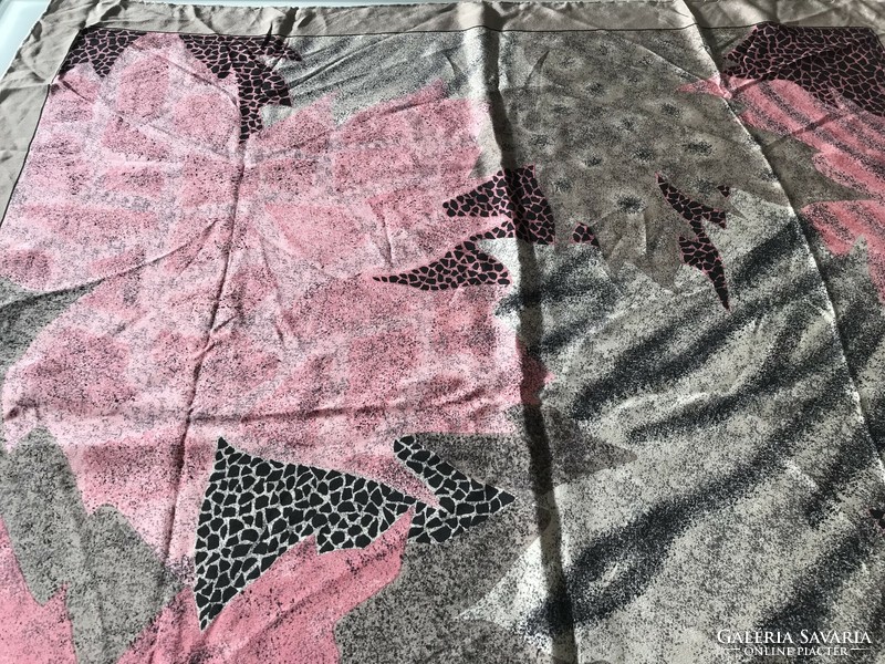 Italian silk scarf on a pale coffee brown base with pastel pink leaves, 84 x 80 cm