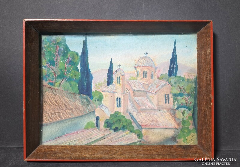 Church skyline (oil painting with frame 20 x 27 cm) cityscape, street view