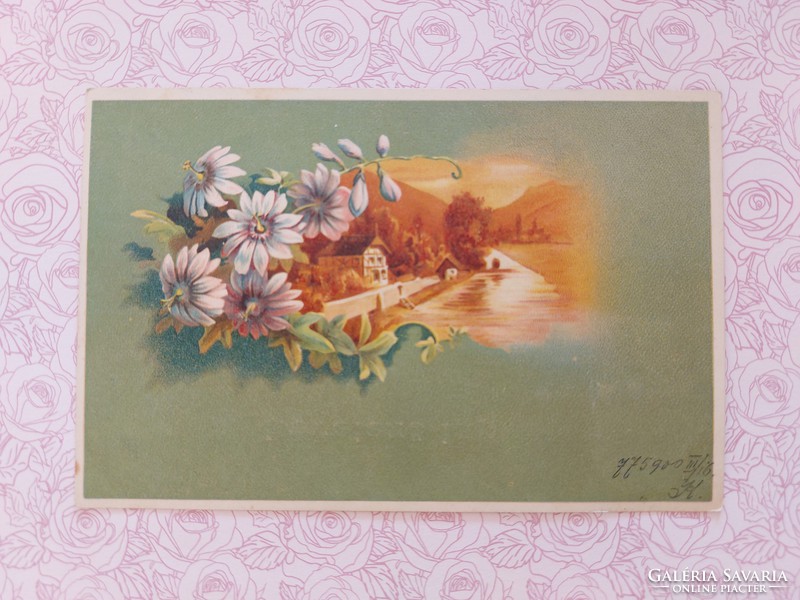 Régi képeslap 1900 levelezőlap tájkép virágok