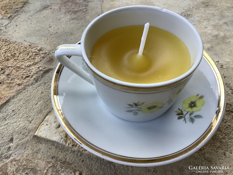 Hollóházi porcelán illatgyertya mokkás csésze+alj sárga rózsa mintás párban
