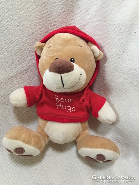 Red, light beige teddy bear hugs with hood
