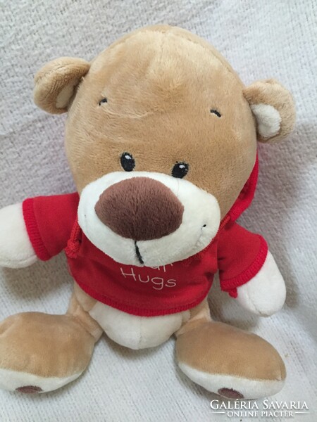 Red, light beige teddy bear hugs with hood