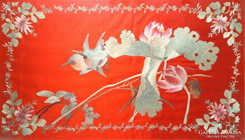 Chinese folk art embroidery with birds and flowers - size with frame 62 x 38 cm - embroidered wall picture