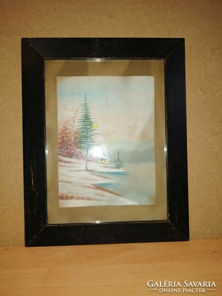 Riverside winter landscape paper watercolor painting, in glazed frame 32*40 cm
