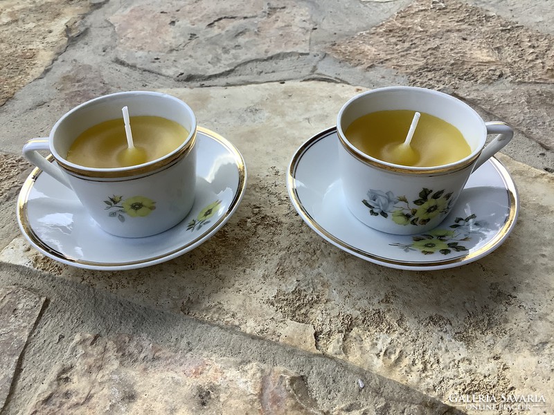 Hollóháza porcelain scented candle with mocha cup and base in a pair with a yellow rose pattern