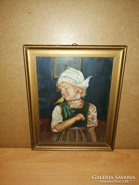 Holland népviseletes kislány antik jellegű festmény, képkeret 30*37 cm