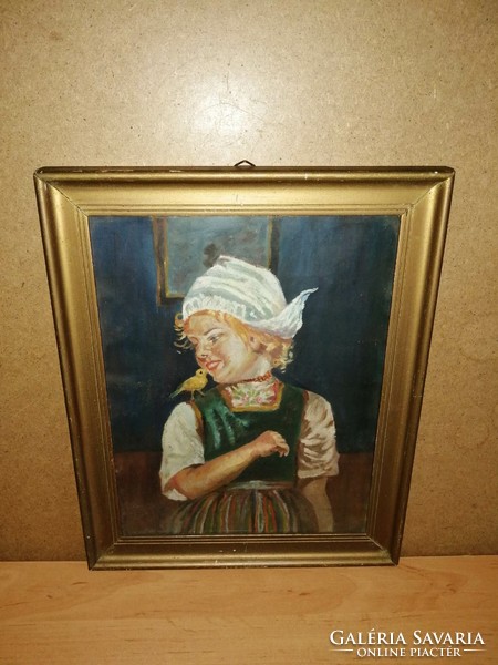 Antique painting of a little girl in Dutch folk costume, picture frame 30*37 cm
