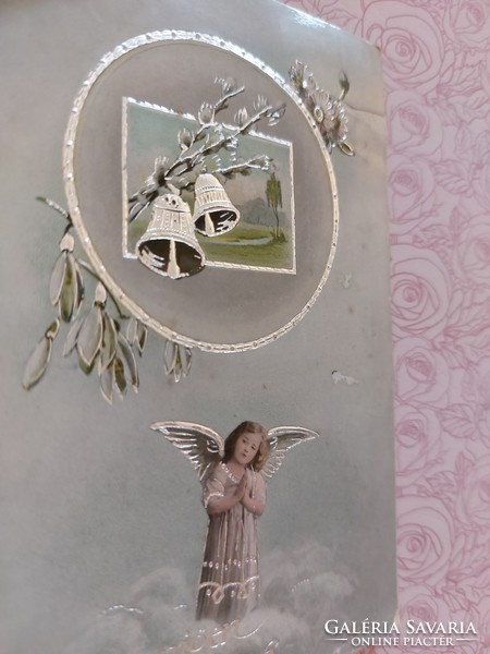 Régi húsvéti képeslap 1922 ezüstös levelezőlap angyal harang hóvirág
