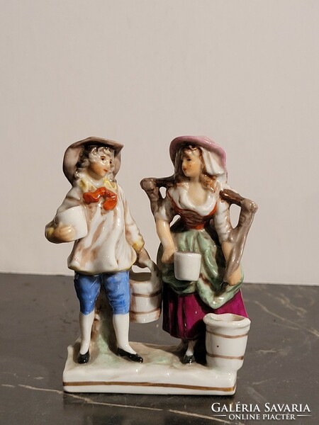 Pair of antique porcelain figurines, 8.5 cm male and female figurines with a pair of milk jugs and buckets