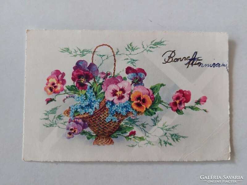 Régi virágos képeslap levelezőlap árvácska nefelejcs kosárban