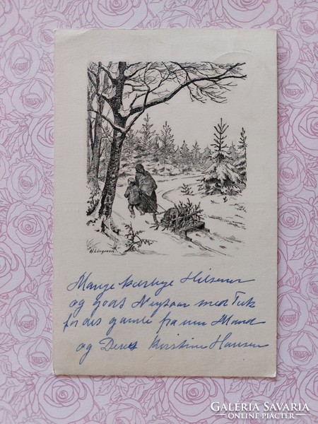 Régi karácsonyi képeslap 1953 levelezőlap havas táj szánkó