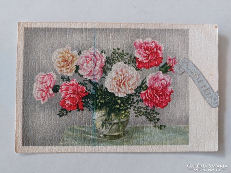 Régi virágos képeslap levelezőlap szegfű vázában