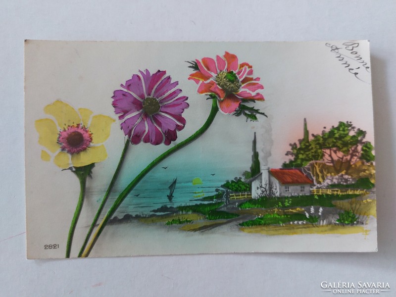 Régi virágos képeslap levelezőlap tájkép