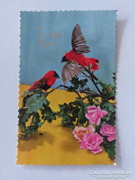 Régi képeslap virágos levelezőlap rózsa madarak