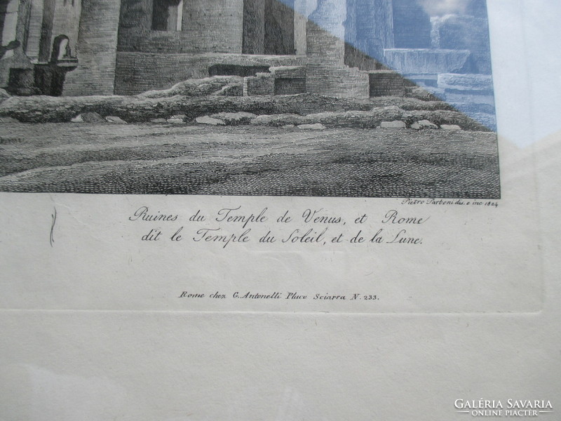 Ruins of an antique Roman church (temple of Venus) in a 19th century engraving - in a frame, under glass