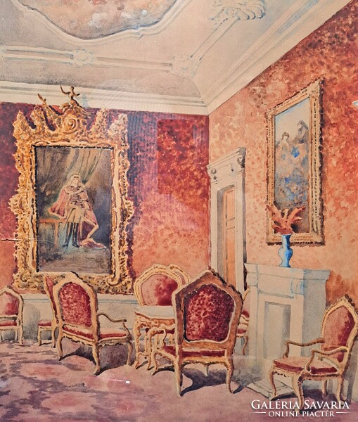 Nemesi szoba enteriőrje, régi akvarell - mérete kerettel 60x53 cm