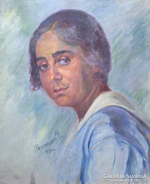 Female portrait from 1916 marked Hermann (oil, canvas, size with frame 51x43 cm)