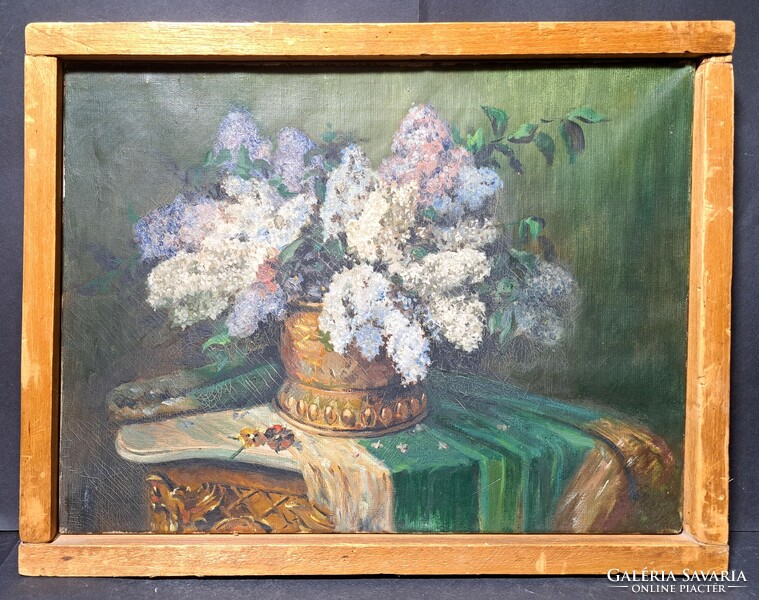 Orgonák - csendélet (olajfestmény vászonra, mérete kerettel 45x35 cm) virágcsendélet