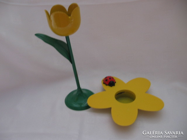 Pair of tulips and ladybug in metal candlesticks, Easter decoration