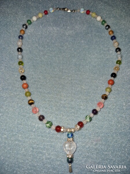 Multi-chakra necklace with a rose quartz heart and many, many precious stones - many, many handmade jewels