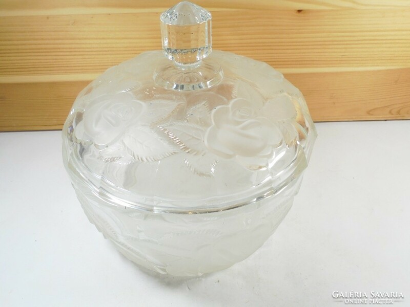 Old retro glass bowl with lid sugar holder rose flower pattern 1980s