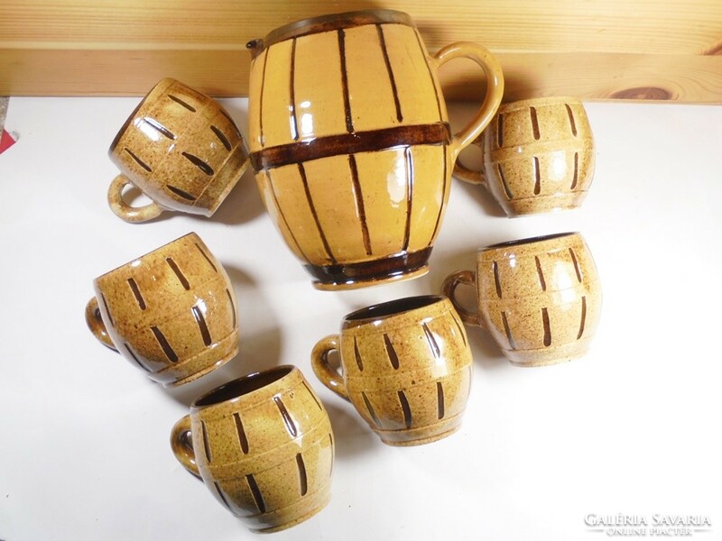 Retro painted ceramic glass jug set - 6 pcs barrel pattern