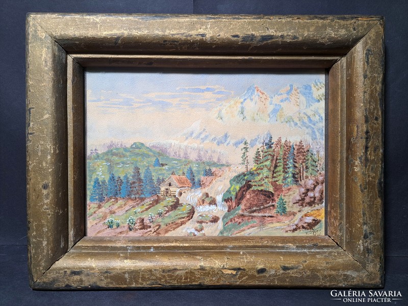 Hegyi táj vízeséssel (akvarell, mérete kerettel 38x29 cm) alpesi kunyhó, hegyi házikó - mesebeli táj