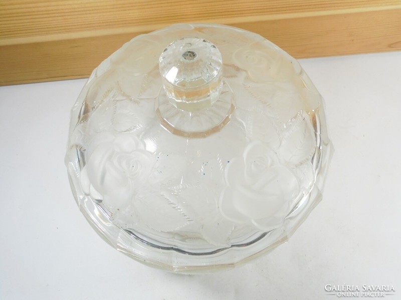 Old retro glass bowl with lid sugar holder rose flower pattern 1980s