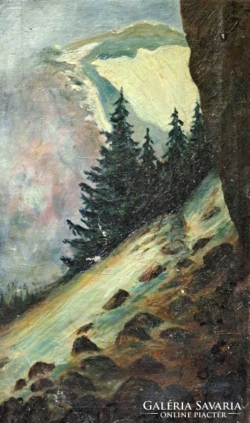 Pédery Árpád (1891-1914): Hegyi táj fenyőkkel (olaj vászon. mérete kerettel 28x45 cm)